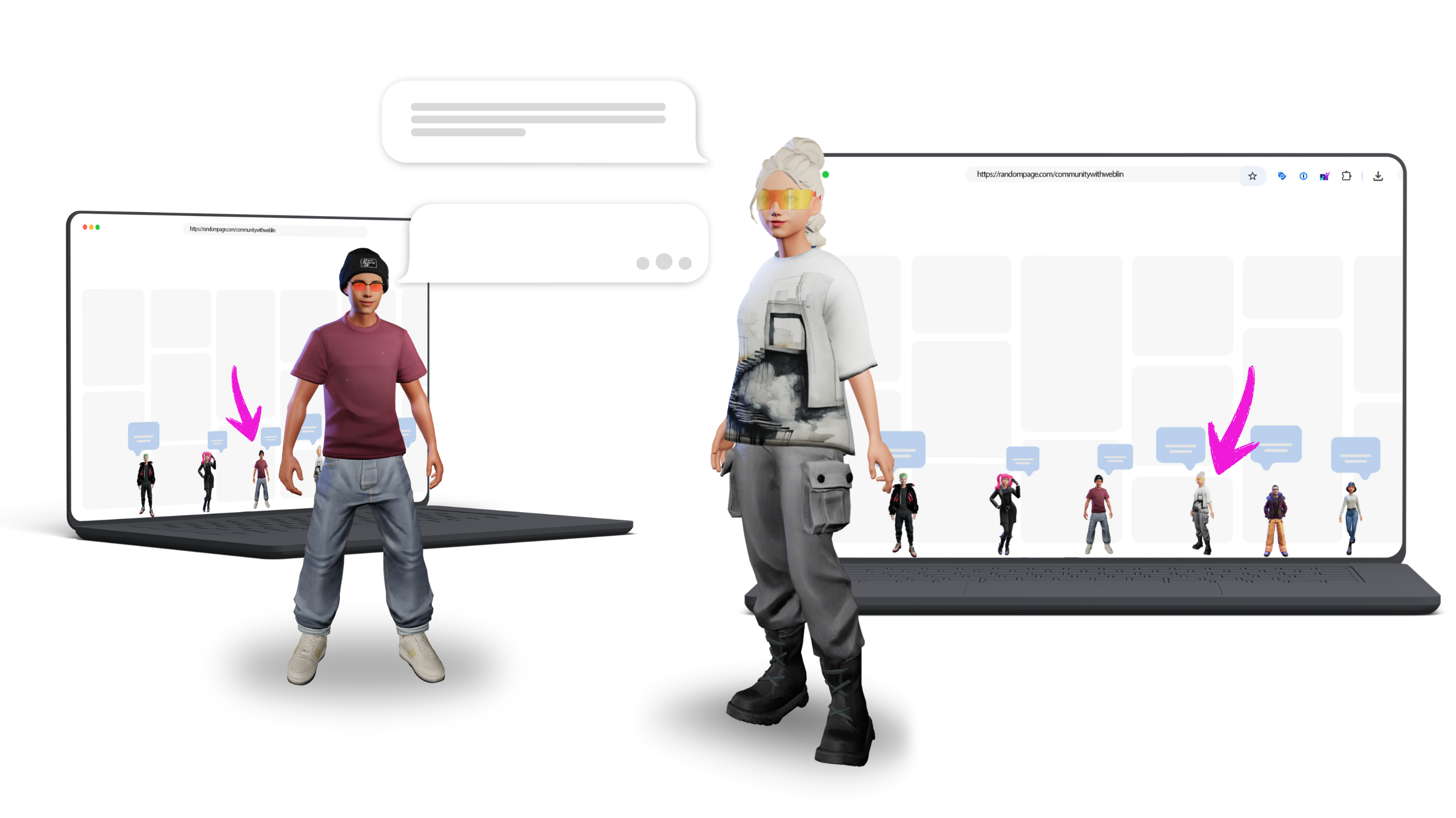 Two weblin avatars standing beside webpages with speech bubbles