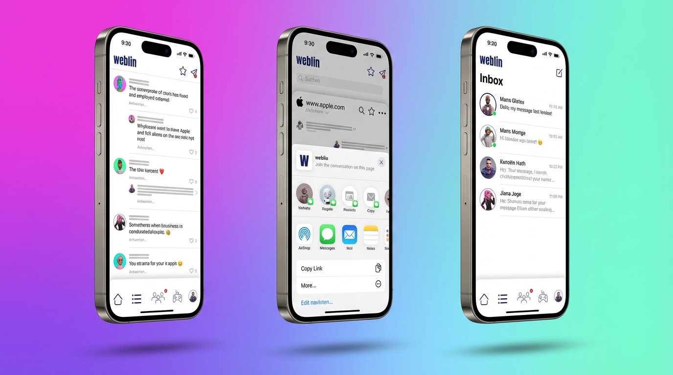 Three iPhones showing the weblin mobile app — Feed, Share sheet, and Inbox